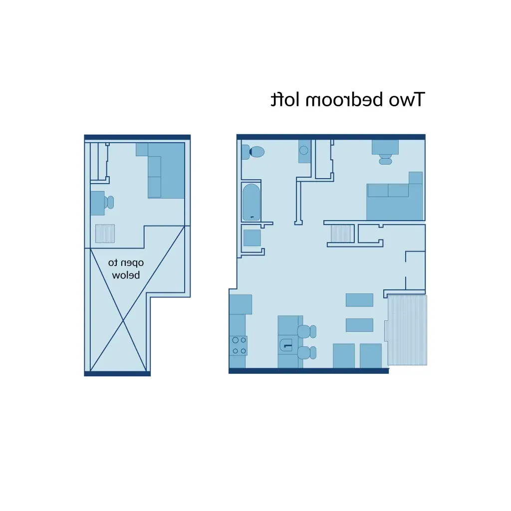 A floor plan of a two-bedroom loft apartment at Seavey Terraces