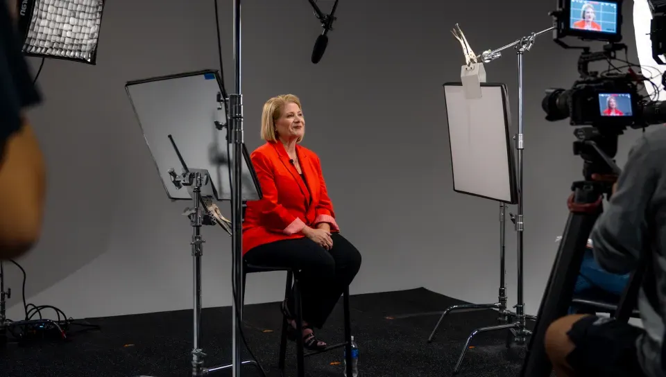 Stacia Deshishku sits for an interview by UNE students in the Nor'easter Production Studio