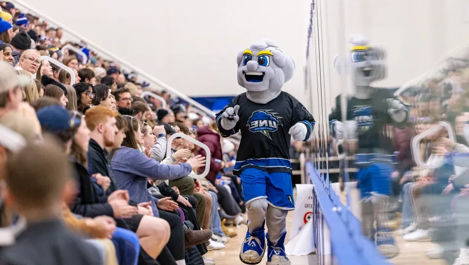 UNE mascot Stormin' Norman greets the crowd at a hockey game