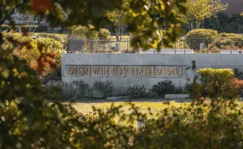 A stone sign bearing the name "University of New England" is seen through the trees