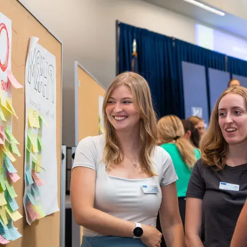 UNE health professions students complete an interactive case study in Innovation Hall 